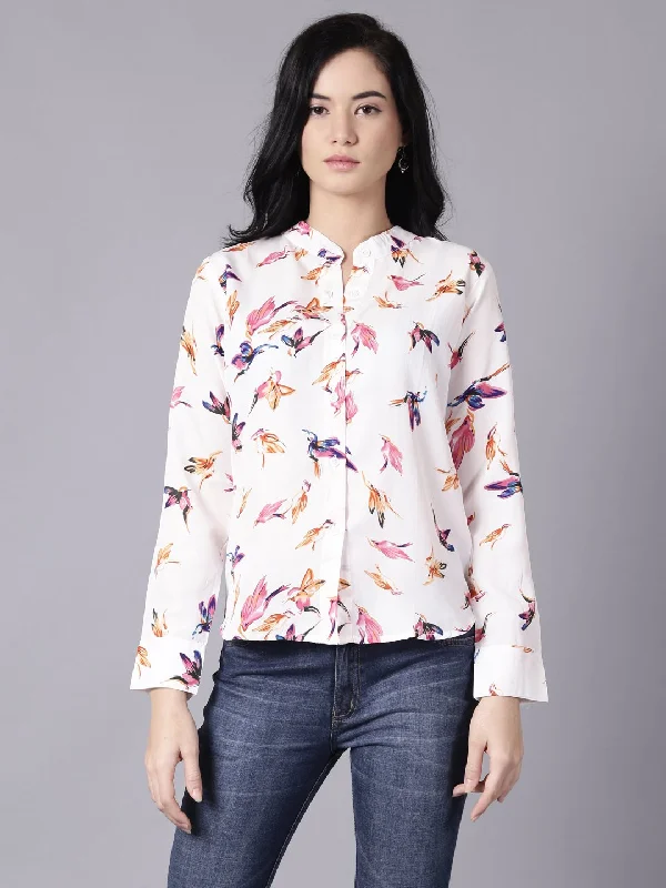 NOZ2TOZ Women White Regular Printed Mandarin Collar Crepe Shirt Terry Blend Velvet Blend Canvas Blend