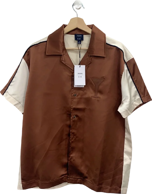 Reiss Tobacco/Cream Satin Colourblock Shirt UK M Lace Blend Ribbed Blend Corduroy Blend