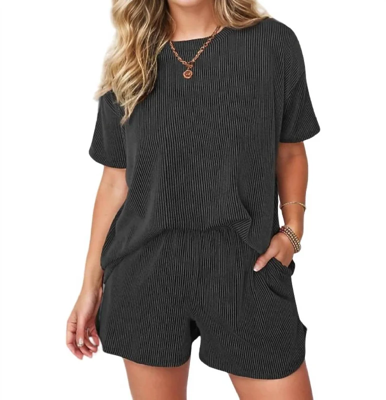 Ribbed Texture Round Neck Shirt And Short Set In Black Mesh Blend Leather Blend Suede Blend