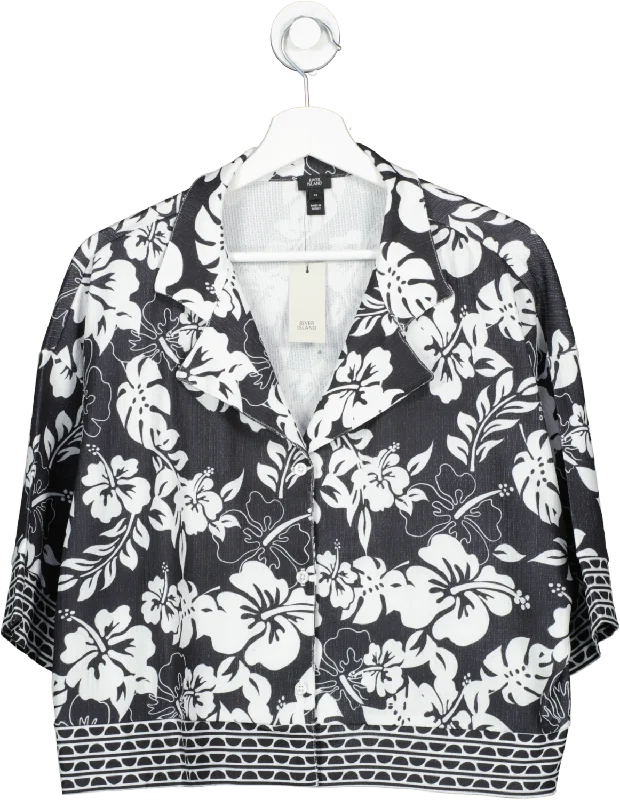 River Island Black Monochrome Flower Print Cropped Shirt UK 14 Mesh Fabric Canvas Fabric Denim Fabric