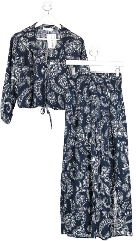 Seafolly Blue Shirring Pants And Relaxed Shirt UK XS Terry Blend Velvet Blend Canvas Blend