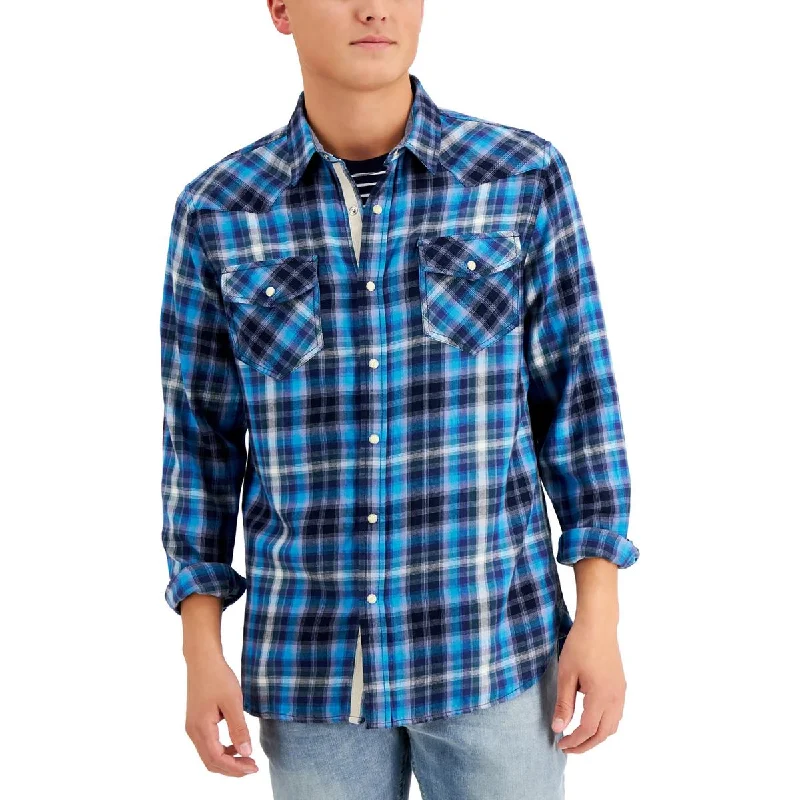 Sun + Stone Mens Flannel Plaid Western Shirt Collared Crew Neck Turtle Neck